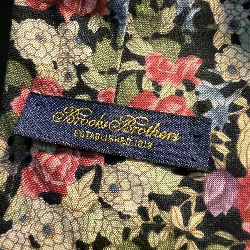 Men's Brooks Brothers Black Cream Pink Green Floral Cotton Tie USA!